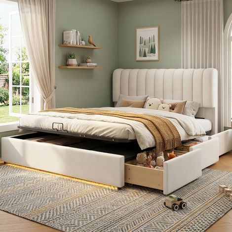 Boxbett 140x200 cm mit Gasdruckfeder, 3 Schubladen, LED und beigem Samt OKMYHOME (1/5)