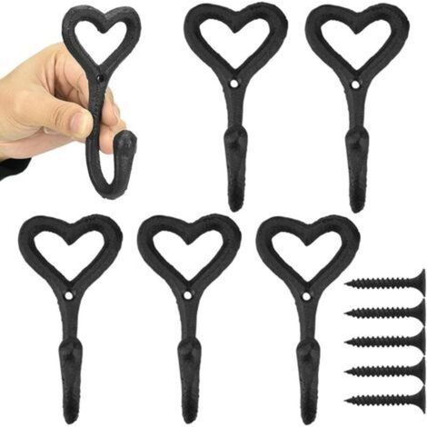 6 PCS Crochet Metal Wall Coat Rack 11.2cm x 5.5cm x 4cm Vintage Anti-Rust Wall Hook Heart-Shaped Door Hooks with Screws for Bathroom Kitchen Bedroom Entrance - Black (1/5)