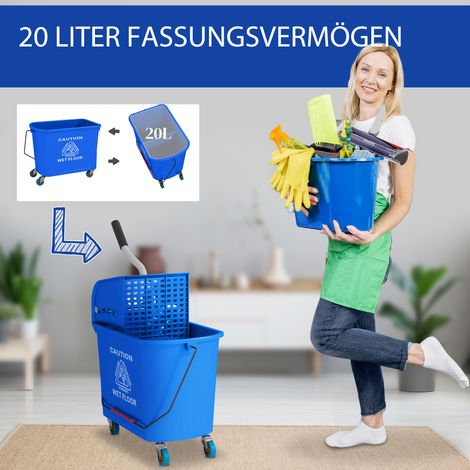 Seau à serpillière 20 L avec essoreuse et poignée, seau de lavage à roulettes en plastique bleu (1/5)