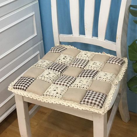 Coussin de chaise patchwork avec attaches, antidérapant, bordé de dentelle, imprimé floral style ferme, pour cuisine ou salle à manger (305 Café, 40 x 40 cm)