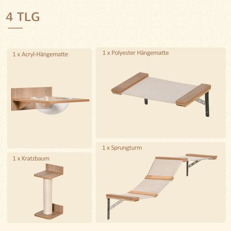 Mur d'escalade pour chats, set de 4 éléments avec griffoir, hamac, plateforme de saut, colonne à gratter, escalier pour chat, mobilier mural pour grimper et dormir, jusqu'à 5 kg, marron clair (1/5)