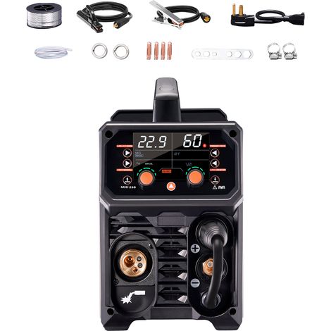 Mophorn Pro MIG-Schweißgerät, 250-Ampere-Impuls-MIG-Schweißgerät. 5-in-1-Synergic-Schweißgerät mit IGBT-Inverter-Technologie und LCD-Bildschirm. MIG-Impulsschweißen/Gas-MIG/Flux Core-MIG/Stick