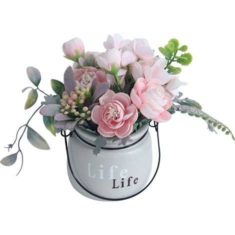 Fleurs artificielles avec Pots de fleurs fleurs en soie fausses avec Vase en céramique fleurs artificielles en pot plantes pour bureau bureau chambre à coucher salon décoration fête de mariage (Rose)