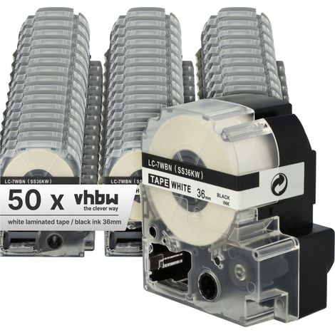 vhbw 50x Label Tape compatible with KingJim SR150, SR3700P, SR330, SR300TF, SR180, SR230C Label Printer 8m x 36 mm, Black on White, plastic (1/4)