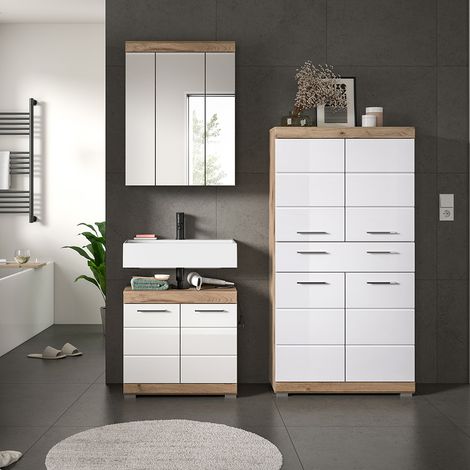 Badezimmer-Set 3-teilig in Eiche dunkel mit weiß Hochglanz, mit Spiegelschrank - SIROCO-158 (1/5)