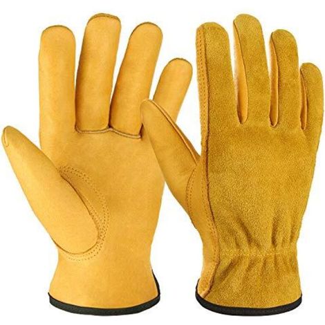 Gants de travail en cuir de vachette résistant, adaptés à l'exploitation forestière, la construction, la conduite et le jardinage, unisexes. 1 paire (dorée, grande taille). (1/5)
