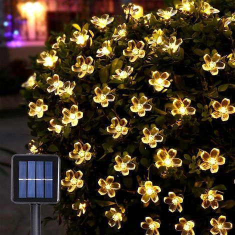 Guirnalda de luces solares para exteriores, 5 m, 20 LED, 8 modos, forma de flor de cerezo, ideal para jardín, balcón o terraza (luz blanca cálida). (1/5)