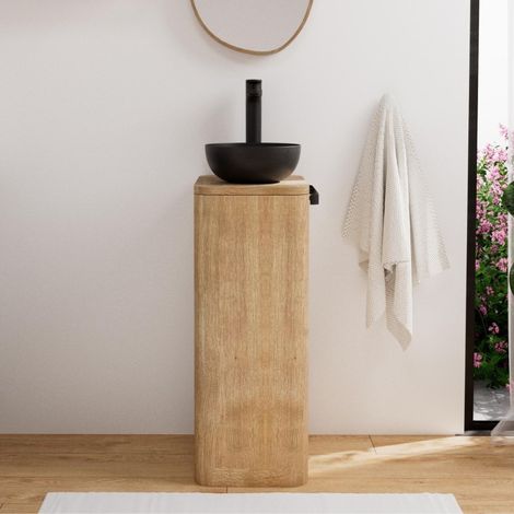 Mob-In – Ensemble lave-mains compact en chêne massif vieilli – Vasque ronde en céramique – Porte-serviette repositionnable – 30 x 78 x 40 cm (1/5)