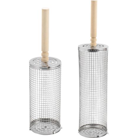 Cesta para barbacoa de acero inoxidable con mango de madera desmontable.