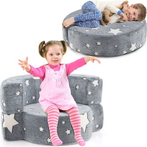 COSTWAY Kids Plush Couch Toddlers 2 in 1 Glow in the Dark Sofa Play Mat-Grey (1/5)
