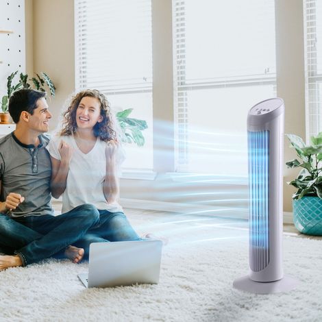 Ventilateur colonne silencieux puissant 45W tour 3 vitesses oscillant 70° chambre bureau 27x27x75cm, blanc