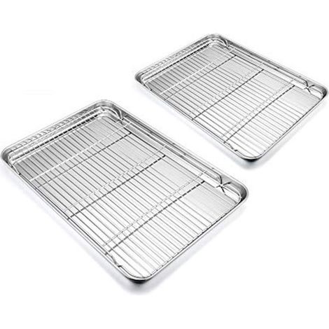 Backblech mit Kuchenrost rechteckiges Edelstahl-Backblech Kühlrost zum Backen Kühlen 4er-Set 2 Kuchenroste 2 Grillroste Gesund und ungiftig zu (1/5)