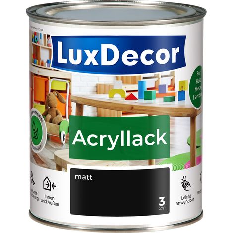 LUXDECOR Acryllack Holzfarbe Metall und Holz Lack Buntlack Matt (03) Absolut schwarz - 0,75L