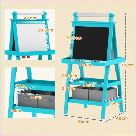 Chevalet enfant 1 en 1 avec tableau blanc et tableau noir magnétiques double face, rouleau de papier et panier de rangement - bleu (1/5)