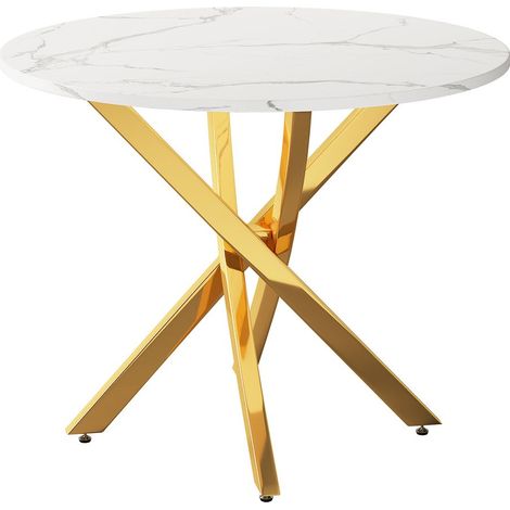Table de salle à manger 80 x 80 x 75 cm plateau marbré pieds dorés forme ronde style moderne minimaliste teintes or et blanc usage (1/5)