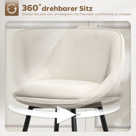 Lot de 2 tabourets de bar en velours côtelé crème, piètement acier, chaises rembourrées pour comptoir de cuisine ou salle à manger. (1/4)