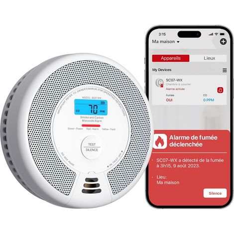 Détecteur de Fumée et de CO Connecté Wi-FI, SC07-WX, Lot de 1 avec Écran LCD et voyant LED, Pile Remplaçable et Notifications en Temps Réel via l’Application Home Security (1/5)