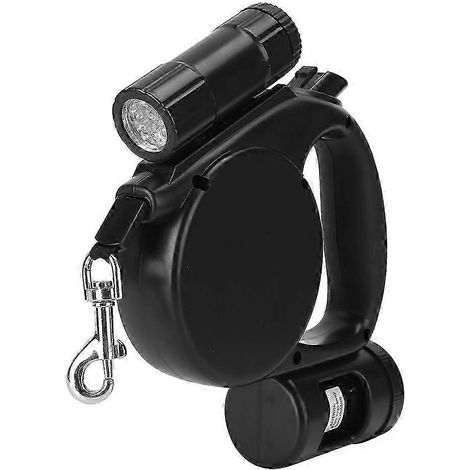 Laisse de traction rétractable automatique 3 en 1 en plastique noir portable pour animaux de compagnie avec lumière LED, poubelle B (1/2)