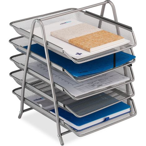 Relaxdays Organizer Portadocumenti con 5 Vaschette, Portalettere A4, HLP: 37,5 x 30 x 35 cm, Rete in Acciaio, Argentato (1/5)