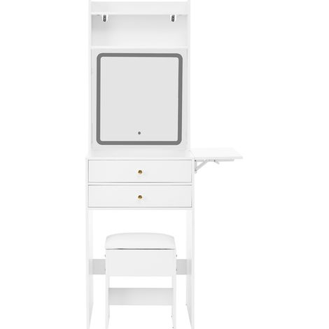 Toeletta bianca compatta con LED regolabile, sgabello, 2 cassetti e piano ribaltabile (1/5)