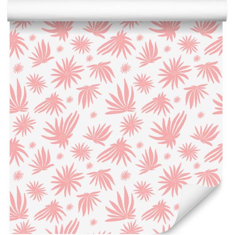Papier peint fleuri blanc et corail, fond blanc pour salon et chambre 50x1000 cm (1/5)
