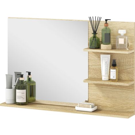 Miroir de salle de bain moderne avec 2 étagères latérales et étagère inférieure, mural MDF verre, 75x10x48 cm, bois