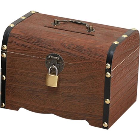 1 Tirelire en bois, coffre-fort vintage, serrure métal, rangement bijoux, décoration intérieur (1/5)