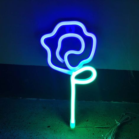 Rose - Neon LED Wall Sign - 14 x 28 cm - Green Stem Design - USB Or Battery Powered - For Bedroom Bar Wedding Decor - 4 Pieces
