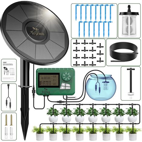 Kit D'irrigation Goutte à Goutte Énergie Solaire,2200mAh Système programmateur Arrosage Automatique,TRJZWA Kit Arrosage Goutte à Goutte avce 15 Goutteurs pour Vacances Balcon Jardin de Plantes en Pot