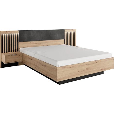 Letto con comodini e LED 160 x 200 cm Naturale e Nero - ARIADA
