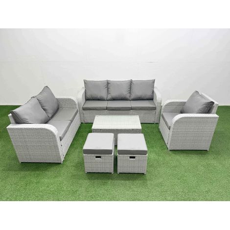 Fimous Patio PE Wicker 8 Seater Outdoor Rattan Furniture Sofa Sets with Rectangular Coffee Table Reclining Chair Loveseat Sofa 3 Seater Sofa Stool Light Grey (1/4)
