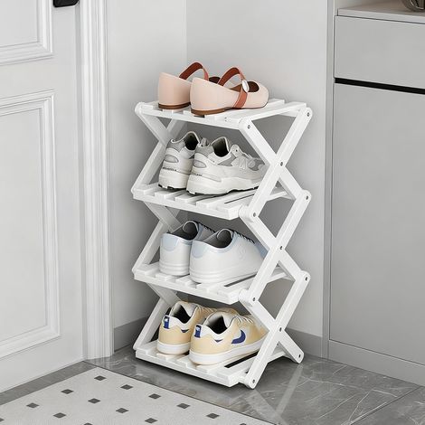 Kleines Schuhregal Weiß 4 Etagen Bambus Faltbar Organizer Regal (1/5)