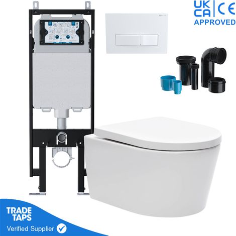 Luxury Wall Hung Rimless Toilet Pan with VIVA Slim Concealed Cistern Frame 1.14-1.35m & Square Gloss White Flush Plate (1/5)