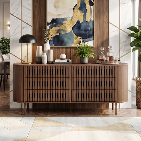 Creahappy Buffet Enfilade 160x40x70 cm avec 6 Tiroirs - Rangement Salon et Séjour - Façade Tasseaux Ajourés et Pieds Métal - Noyer (1/5)