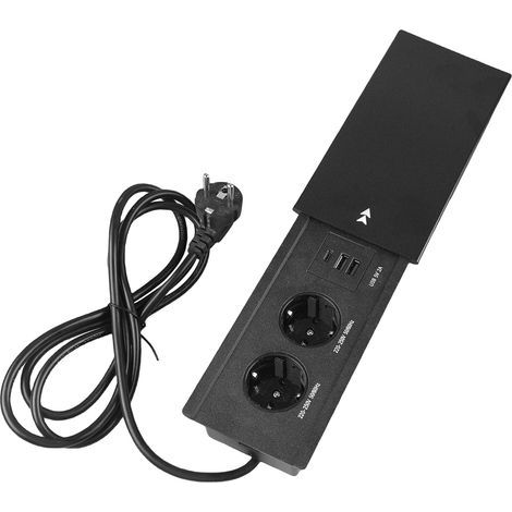 Tischsteckdose mit Abdeckung: Aluminium-Tischplatte, Einbausteckdose mit 2 Steckdosen, 2 USB-Anschlüssen und einem USB-C-Anschluss, Einbausteckdose mit 1,8 m Kabel für Büro, Küche, Büro (1/5)