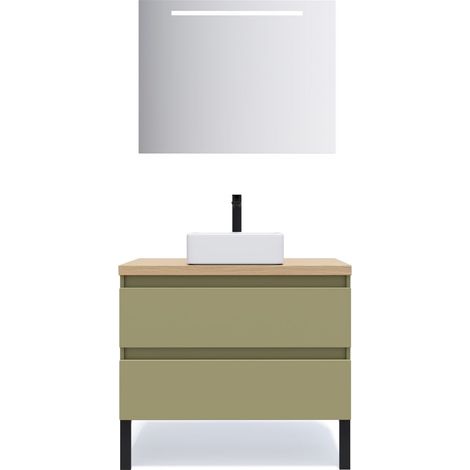 Meuble de salle de bain suspendu vasque à poser 90cm 2 tiroirs Vert olive + miroir - Hudson (1/5)