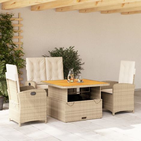 Set de comedor jardín con cojines 4 pzas ratán sintético beige