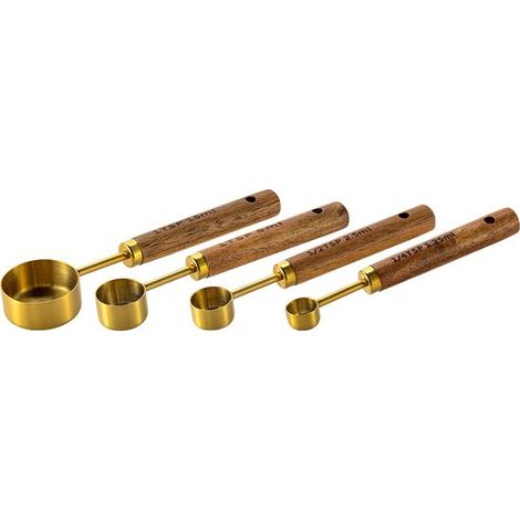 Set di 4 misurini, cucchiai dosatori e utensili da forno in acciaio inox con manici in legno, colore originale. (1/5)