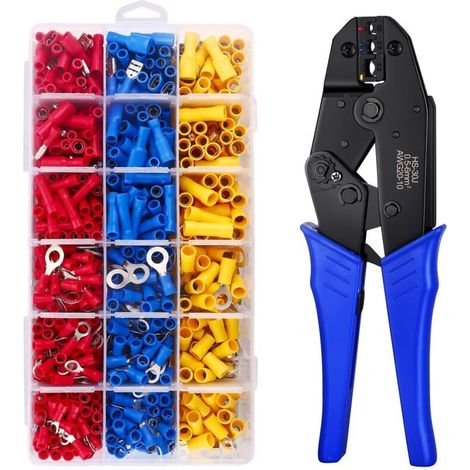 Kit d'outils de sertissage de bornes de fil isolées, pince à sertir à cliquet 0,5-6 mm², pince à cosse de câble, ensemble d'outils de sertissage d'électricien avec 700 connecteurs à sertir isolés