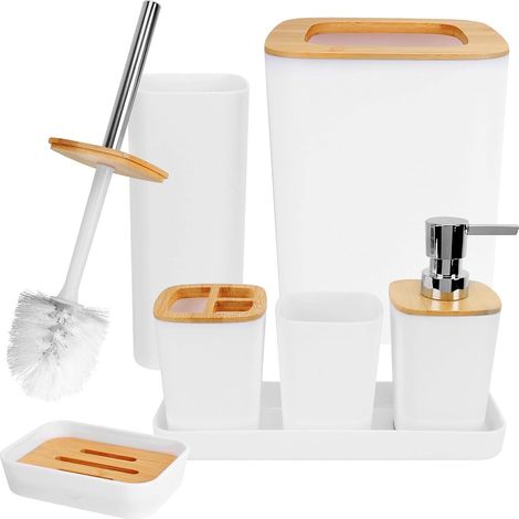 Ensemble d'accessoires de salle de bains de 7 pièces, ensemble d'accessoires de salle de bains en plastique de luxe en bambou, poubelle de salle de bains et ensemble de brosse de toilette avec (1/5)