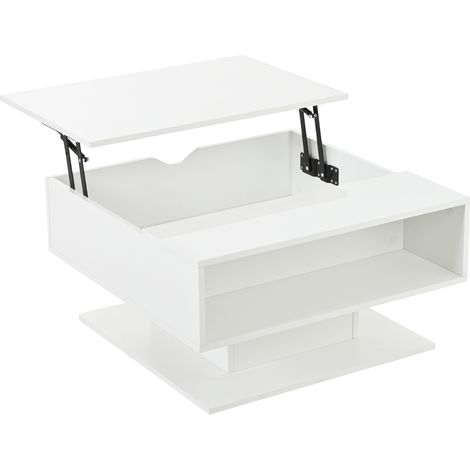 Table basse blanche en panneau de particules 80x75x40 cm avec plateau relevable, LED pilotée par application et rangement semi-ouvert (1/5)