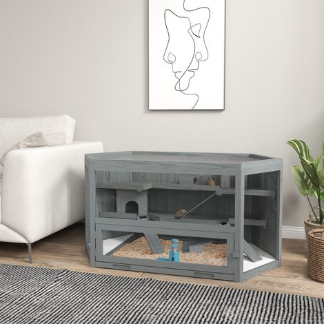 3 étages cage à rongeurs, cage hexagonale pour petits animaux, maison en bois pour petits animaux, cage à souris, cage à hamster avec couvercle pliable, fenêtre, rampe, 115 x 60 x 55 cm Gris (1/5)