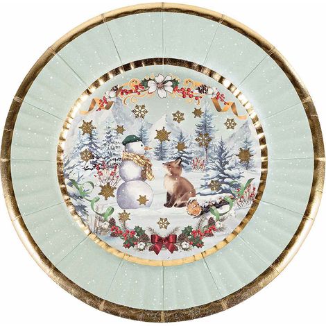 Assiettes en carton imprimé Noël à détails dorés, lot de 10, diam. 21 cm