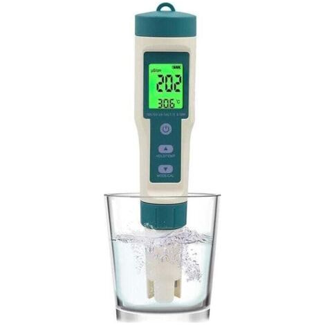 Medidor de pH electrónico 8 en 1 para piscinas, spas, acuarios, agua potable e hidroponía: mida el pH, TDS, sal, densidad, ORP, conductividad eléctrica, temperatura e hidrógeno (1/4)