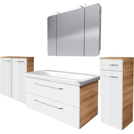Fackelmann MILANO Badmöbel Set 5-teilig 100 cm, Braun hell/Weiß, Keramik,Spiegelschrank+Midischränke"-"90309145 (1/4)