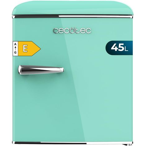 Grüner Mini-Tischkühlschrank im Retro-Stil, 55 cm hoch und 44,7 cm breit mit 45 L Fassungsvermögen, Energieklasse E, Icebox und Chromgriff.