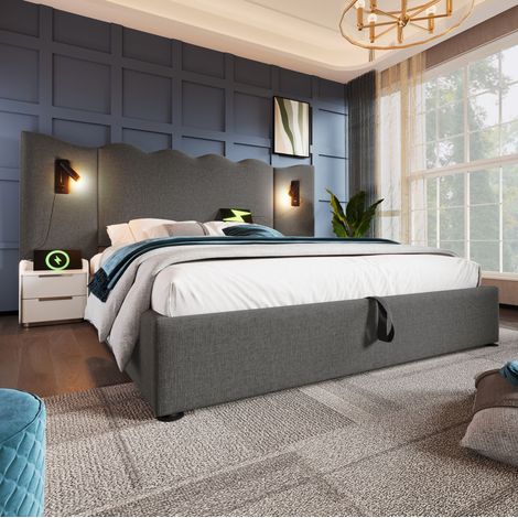 Letto contenitore 160x200 cm grigio in lino con lampada e USB-C (1/5)
