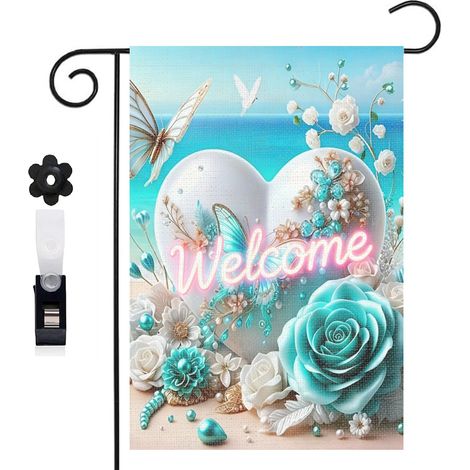Drapeau de jardin cœur blanc et roses turquoise 30 x 45 cm décoration extérieure jardin (1/5)