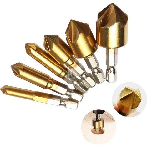 Jeu de 6 forets à fraiser, queue hexagonale 1/4'', HSS, 5 cannelures, outil de fraisage à 90° pour bois, changement rapide de foret de 6 à 19 mm (1/5)