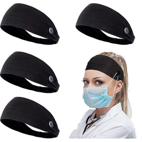 Damen-Stirnband mit Knöpfen für Gesichtsmasken und -bedeckungen, Unisex-Haarband mit elastischem Band für Krankenschwestern, Ärzte und Ohrenschutz-4 Black